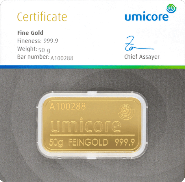 Goudbaar Umicore 50 gram met certificaat